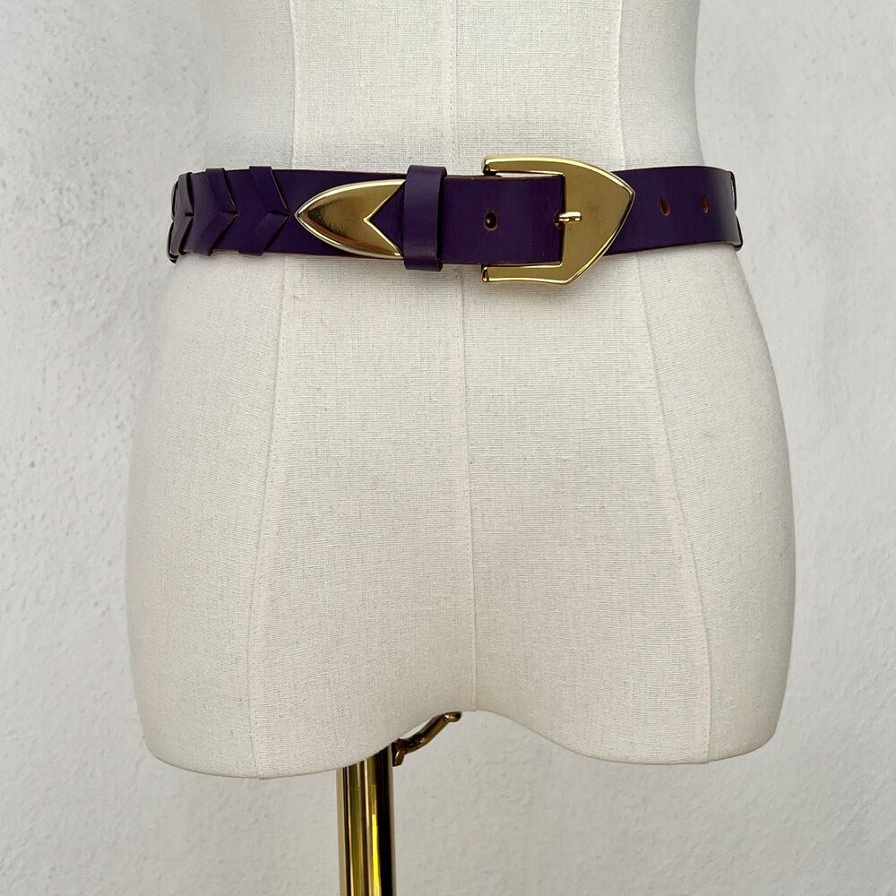 VTG 80s Nancy Heller Eggplant Purple Braided Leather Belt Big Belt Buckle Size S